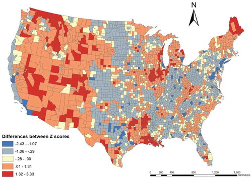 Figure 4. Differences in land use mix (LUM) index at county level by comparing the fishnet method with the traditional method.