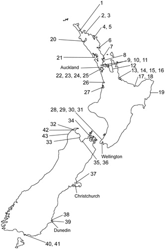 Figure 9. Known locations of Quinquelaophonte spp. in New Zealand (see Table 1 for details).