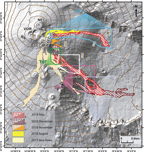 Figure 1. Lava flow map of 2017, 2018 and 2019 lava flows on a 2015 shaded relief (Citation2019), coordinates refer to the WGS84 ellipsoid, the map projection is UTM (Zone 33N), equidistance contour lines 50 m (brown lines). White plains indicate the 5 different take-off points, colored rectangle enclose the overflown area from each take-off point. Full color polygon = summit lava flow; hatching polygon = flank lava flow; doted polygon = pyroclastic deposits. SdA = Schiena dell’Asino, BlV = Belvedere; TdF = Torre del Filosofo, RdV = Rocca della Valle, SEC = South East Crater, NSEC = New South East Crater, BN = Bocca Nuova, VOR = Voragine; NEC = North East Crater.