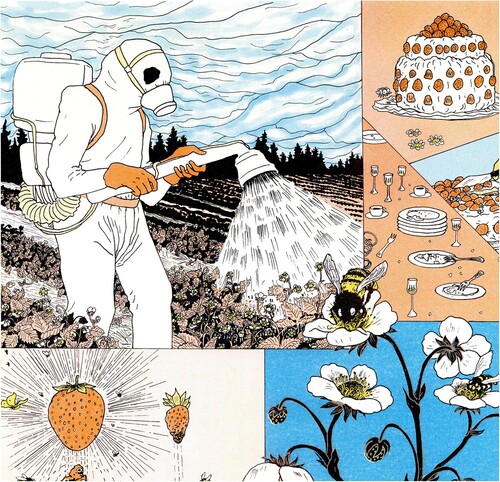 Figure 14. An example of how the different panels thicken each other through iconic solidarity can be found in the strawberry poster. In the top left corner, workers in full protective hazmat gear are spraying the monoculture field with pesticides. A bee that is feasting on the flower in the main anatomical panel gets a shower of the pesticides through the overlap of the panels. The strawberry plant then reaches into other thickener panels as the eye trails further down, connecting among other things to a swarm of wild pollinators of different species to the left and a sunny sky over workers picking strawberries in the bottom right corner. New poetic and associative meanings arise out of the collision of all the images and their different concepts and emotions – the creepiness of the crop sprayer’s almost skull-looking mask and strange protective gear contrasts with the intimate close-up of the loving and joyful meeting between flower and insect and the bumblebee leaping out of the sun-drenched field where a strawberry harvest is taking place in the bottom right corner. The monstrous and ghostly coexist through this overlap. The images do not form a set narrative with a clear reading order through standing together in this way. The bee exists in several places and times at once; it is in the crop-sprayer’s field, getting killed by poison, but is also buzzing, feasting and bursting with life in other realities/facets of plant–pollinator–human relationships. Poetic comics allow for thickening by offering several different readings and potential meanings simultaneously.