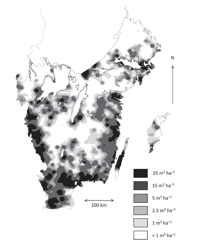 Figure 1. Distribution of standing volume of oak in southern Sweden south of ‘Limes Norrlandicus’, the northern limit of the temperate forest zone. The data are derived from Swedish University of Agricultural Sciences and the Swedish National Forest Inventory (SLU-SNFI).