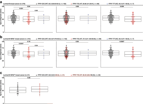Figure 1. Correlation between FPR1 polymorphism and age at diagnosis in luminal B breast cancer subcategories. Age at diagnosis according to FPR1 genotype for luminal B (A), luminal B HER2- (B) and luminal B HER2+ (C) patients.