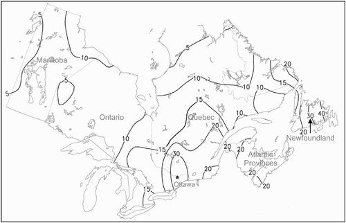 Fig. 1 Approximate contour locations for seasonal total freezing rain hours over eastern Canada (October–May, 1953–2007).