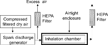 FIG. 1. Experimental set up for the inhalation experiments. The aerosol of NP is produced by a spark discharge generator (SDG), with filtered compressed air.