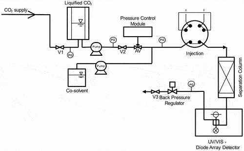 Figure 2. Flow scheme of laboratory-scale SFC: V1-V3 – valves, AV – automated valve, PG – pressure gauge [Citation57].