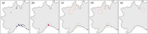 Figure 8. Spatial distribution of the rain gauges with 1 h average annual maxima higher than 50 mm (a). Location of the estimated values higher than 50 mm for Case 0 (b), Case 1 (c), Case 2 (d) and Case 5 (e).