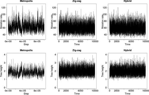 Fig. 6 Trace plots for the infinite sites model and the dataset with n = 55, θ = 55, 40 distinct types, and 252 mutations.