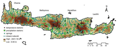 Figure 1. Map of Crete including altitudes (m), stream network and karstic springs used for calibration of the Karst-SWAT model, precipitation and temperature stations used as input, and prefectures.