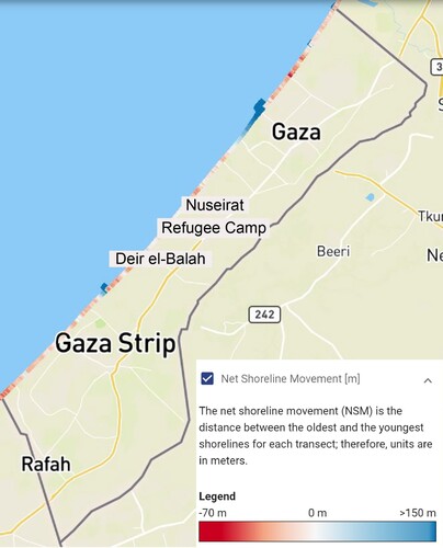 Figure 2. Map showing net shoreline movement between 1990 and 2020 (adopted from www.undp.gaza.eoapp.de).