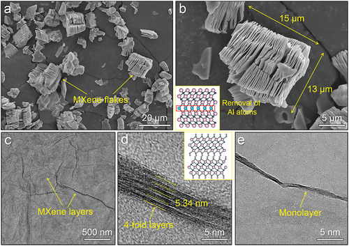 Figure 1. (a) SEM image of as-received Ti3C2Tx MXene flakes, (b) high-magnification SEM image of a typical MXene flake and its preparation mechanism, (c) a bright-field (BF) TEM image showing the surface morphology of as-treated MXene, (d) and (e) BF TEM images showing the cross-sectional morphologies of few-layered and monolayered MXene nanosheets, respectively.