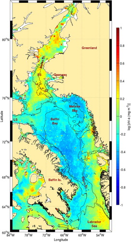 Fig. 16 Chl-a concentration climatology (1998–2010) for Baffin Bay. The 500 and 1000 m isobaths are shown. See Fig. 15 for acronyms.