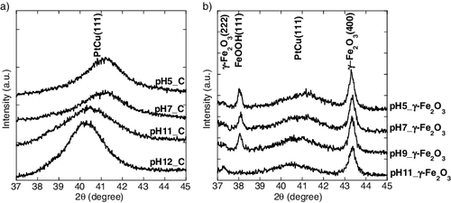 Figure 4. XRD patterns of PtCu nanoparticles supported on (a) carbon and (b) γ-Fe2O3.