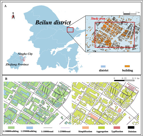 Figure 8. Dataset overview of the Beilun District, Ningbo, China. A. Dataset location and study site depicted within the red box. B. Building and road conditions in the dataset; right: label of large-scale data samples.