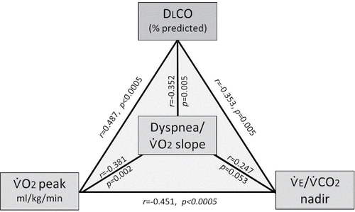Figure 3. Inter-relationships between DLCO% predicted, peak ̇VO2, dyspnea/̇VO2 slope, and ̇VE/̇VCO2 nadir within the smoker group. DLCO correlated with peak ̇VO2 (r = 0.487, p < 0.0005), dyspnea/̇VO2 slope (r = −0.352, p = 0.005), and ̇VE/̇VCO2 nadir (r = −0.353, p = 0.005). Abbreviations: DLCO = diffusing capacity of the lung for carbon monoxide; ̇VE/̇VCO2 = ventilatory equivalent for carbon dioxide; ̇VO2 = oxygen uptake.