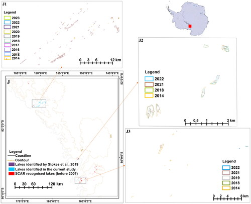 Figure 12. Distribution of melt lakes over the undulated terrain that is a part of the Transantarctic Mountains (Region J). Note that the melt patch (marked as J1) recorded the melt for many years compared to the other patches.