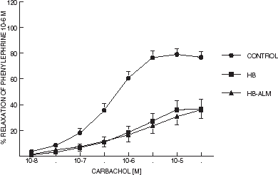 Figure 3. Concentration response curves to carbachol of rings of aorta isolated from adult male rats. Lines represent mean (n = 10–12) and “T” lines represent S.E.M.