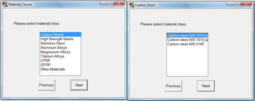 Figure 6 Screenshots of the KBS showing the flow of knowledge to aid the user in his/her selection among different materials. Left: selection of the material class; right: selection of any material under this material's class.