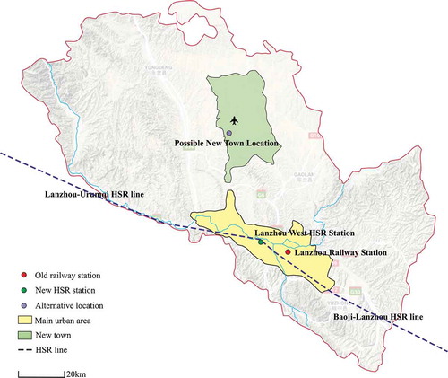 Figure 5. Alternative locations of Lanzhou HSR station (Source: the authors)