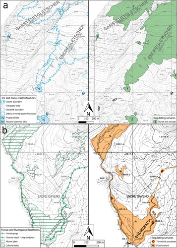 Figure 5. (a) A first example of connection between geomorphology and geosystem services is represented by glaciers and lakes. In the study area, the Indren and Garstelet glaciers and their forefields represents an important water reservoir that need to be preserved and protected to guarantee good water quality. (b) The second example is represented by fluvial landforms that characterises the lower part of the study area along the Indren creek (ENDREBACH in the map). They play an important role as regulating services such as terrestrial processes for creek features and flood control for alluvial plains.