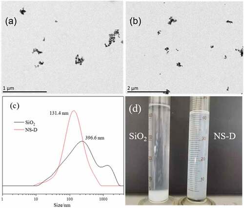 Figure 3. TEM images of NS-D at 1 μm (a) and 2 μm scales (b), particle size distribution of silica nanoparticles and NS-D (c), diagram of silica nanoparticles and NS-D suspension (d)