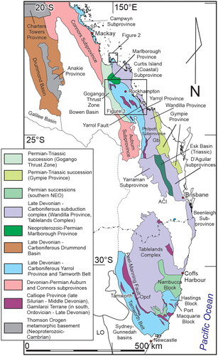 Figure 1. Major subdivisions of the late Silurian–Carboniferous rocks in the New England Orogen. Rectangles showing the locations of Figures 2 and 3. ACI, Alice Creek Inlier; Gb, Goodnight beds; SP, Slade Point (north of Mackay); Opcf, Ordovician Pipeclay Creek Formation and associated lower Paleozoic units southeast of Tamworth (see text).