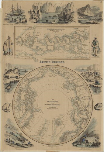 Figure 3. Hugh Johnson’s The Arctic Regions (1856), from John Hugh Johnson, The Arctic Regions, showing the North-West Passage as Determined by Cap. R. M. McClure and Other Arctic Voyagers (1856). The map offers ethnographic documentation of McClure’s trip, with the surrounding imagery portraying, among others, the frozen landscape, marine wildlife, the Inuit people, and marine mammals hunted by the expeditioners. Source: https://digital.library.yorku.ca/islandora/object/yul:1153559