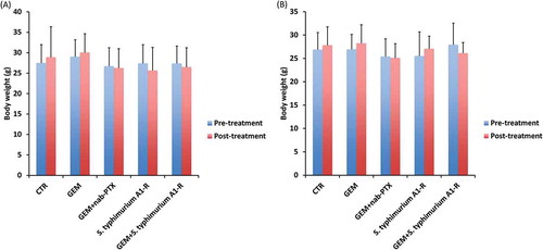 Figure 2. Effect of each treatment on mouse body weight. Bar graphs show mouse body weight in each treatment group at pre- and post-treatment timepoints. (a) Pancreatic cancer PDOX #1. (b) Pancreatic cancer PDOX #2. Error bars: ± SD.