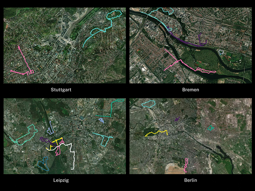 Figure 1. Maps of the GPS tracks of the go-along interviews in Stuttgart, Bremen, Leipzig, and Berlin.