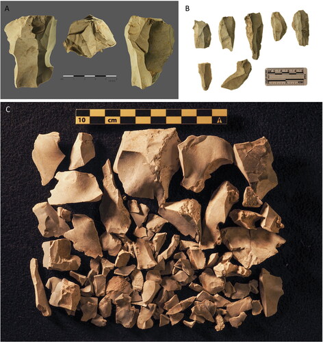 Figure 10. Flint artifacts detected in the uppermost part of Unit I. (A) A core struck from two opposite platforms and an acute angle. (B) Blades and fragmented cores. (C) Flint flakes and waste material. None of these flint artifacts are reworked by waves.
