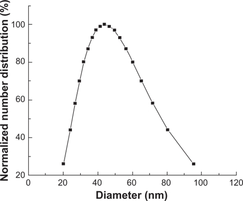 Figure 1 Particle size of Fe3O4-MNPs.Abbreviation: Fe3O4-MNPs, Fe3O4 magnetic nanoparticles.