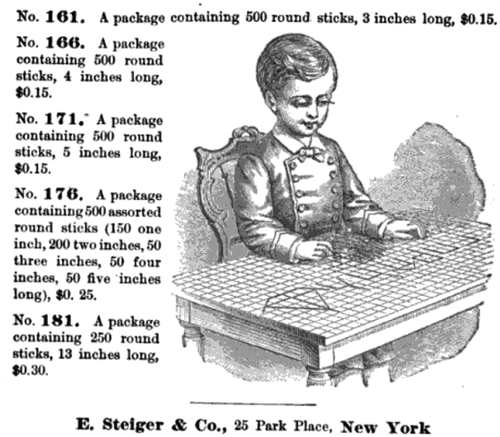 Figure 5. Excerpt from the E. Steiger catalogue of kindergarten materials presented at the end of ‘the kindergarten guide’ (1877) by Maria Kraus-Boelte and John Kraus.