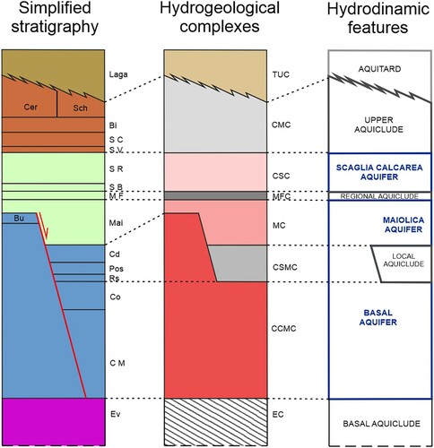 Figure 2. Sketch of relationships between the simplified stratigraphy, hydrogeological complexes and related hydrodynamic features (not in scale). Legend of simplified stratigraphy (name, thickness and age of the formations): Ev: dolomite and evaporite sequence, indefinite thickness (Triass); CM: Calcare Massiccio (600–700 m) (early Jurassic); Co: Corniola, Rs: Rosso Ammonitico, Pos: Marne a Posidonia, Cd: Diaspri corresponding to graben pelagic sequence (200–1000 m), Bu: Bugarone corresponding to horst pelagic sequence (50 m) (early-late Jurassic); Mai: Maiolica (50–500 m), MF: Marne a Fucoidi (50–100 m), SB: Scaglia Bianca, SR: Scaglia Rossa, SV: Scaglia Variegata (150–550 m total thickness) (Cretaceous-Paleogene); SC: Scaglia Cinerea, Bi: Bisciaro, Cer: Marne a Cerrogna, Sch: Schlier (100–300 m total thickness) (Oligocene – early Miocene); Laga: Flysch della Laga (50–2000 m) (Miocene – Pleistocene). Legend of hydrogeological complexes and related approximate thicknesses: EC: Dolomitic -Evaporitic complex (indefinite thickness); CCMC: Corniola – Calcare Massiccio complex (more than 1000 m); CSMC: Calcareous siliceous marly complex (200 m); MC: Maiolica complex (400–500 m); MFC: Marne a Fucoidi complex (50–100 m); CSC: Scaglia calcarea complex (500 m); CMC: Calcareous marly complex (200–500 m); TUC: Terrigenous units complex (more than 1000 m).