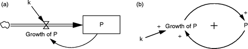 Figure 1 Stock and flow (a) and causal loop diagram (B) of population growth