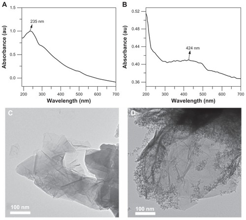 Figure 1 Ultraviolet-visible absorbance spectrum (A) graphene oxide and (B) functionalized graphene oxide, and transmission electron microscopic images of (C) graphene oxide and (D) functionalized graphene oxide.