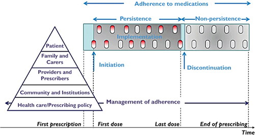 Figure 1. Illustration of the process of adherence to medication (light blue) and the process of management of adherence (dark blue). Reprinted from Vrijens et al. (Citation2012).