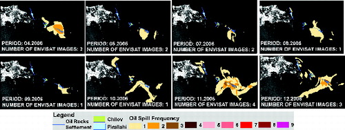 Figure 10. Map of monthly oil spill frequency around the Oil Rocks, Chilov and Pirallahi Islands during 2006.