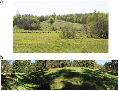 Figure 3. A. The former Donkalnis Island photographed from an ancient shoreline located north of the site. B. An overview of the Spiginas hill compiled from five different photographs. Photographs: K. Lassila.