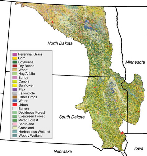 Figure 1. Northern glaciated plains ecoregion, with starting 2012 land cover from the cropland data layer. The region covers over 140,000 km2 and 956,983 individual ownership/management units.