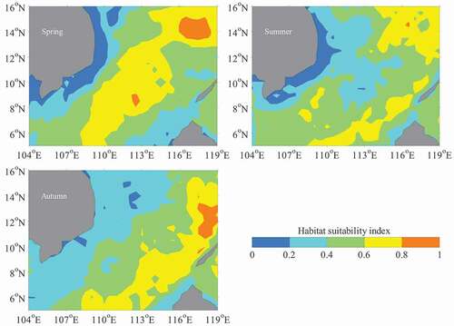 Figure 6. Seasonal distribution of the average habitat suitability index (HSI) on the fishing ground of Sthenoteuthis oualaniensis in the South China Sea from spring to autumn during 2014–2017