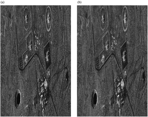 Figure 26. A single look TerraSAR-X image of Texas, USA, around the Winkler County Sinkhole #2 near Odessa. Credits: © DLR e.V. 2022 and © Airbus Defence and Space GmbH 2022. a) Original noisy image. b) Denoised with SARBLF.