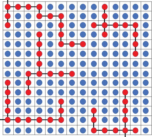 Figure 1 The Flory-Huggins model for protein phase separation. The blue circles represent the solvent particles, and the red circles represent the protein monomers that make up the protein polymers. The black lines indicate the bonds between protein monomers. For simplicity, each line indicates a single bond. Experimental data has been fit to this simplistic model, and it successfully describes the phenomenon of protein phase separation in various systems. 