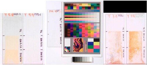 Figure 3. Samples T58, T59, PM9, T74, and T75 with colour chart in 2012 (used in the calibration of all photographs taken in 2012). The samples artificially aged in 1984 are shown here after almost 30 years additional natural ageing.