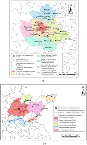 Figure 1. The study area: (a) Central Plains Urban Agglomeration and (b) Shandong Peninsula Urban Agglomeration.