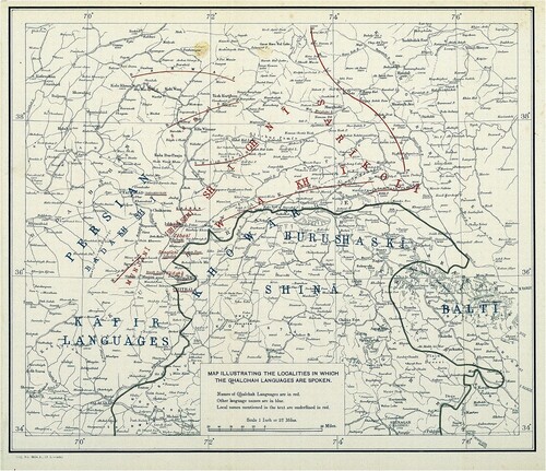 Fig. 5. ‘Map Illustrating the Localities in Which the Ghalchah Languages Are Spoken’, in George A. Grierson, ed., Linguistic Survey of India, vol. 10, Languages of the Eranian Family (Calcutta, 1921), folded, facing p. 456. Scale 1 inch = 32 miles. 34 × 36 cm. The Ghalchah languages are identified in red; other languages are in blue. The map covers a region with some of the highest mountain ranges on the Indian frontier with Afghanistan and Central Asia, making its planimetric style even more incongruous. (Courtesy of the Digital South Asia Library, University of Chicago.)