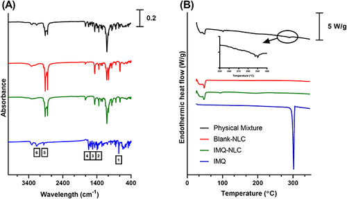 Figure 8 (A) FTIR spectra and (B) DSC thermograms of the physical mixture, drug-free NLC, IMQ-NLC, and pure IMQ.