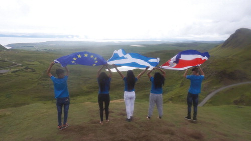 Costa Rican teenagers celebrate the EU-LAC-MUSEUMS bi-regional Youth ExchangeFootnote1 on top of The Quiraing, Isle of Skye Ecomuseum Druim Nan Linntean (Ridge of Ages, Scotland). © Karen Brown