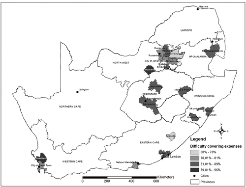 Figure 5. Proportions that experienced difficulty in covering their expenses, in the 20 municipalities from which the most survey responses (unweighted) were received.