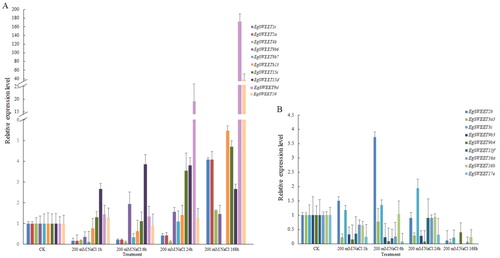 Figure 5. Expression analysis of 20 EgSWEET genes following NaCl treatment as determined by qRT-PCR. Up-regulated (A) and down-regulated (B) genes under 20 mmol/L NaCl treatment.Note: The relative expression levels were calculated using the 2-△△Ct method.