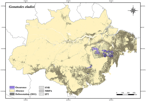 Figure 90. Occurrence area and records of Gonatodes eladioi, showing the overlap with protected and deforested areas.
