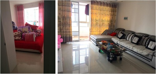 FIGURE 4. (a). The bedroom with the blankets that were given as part of the dowry and the wedding picture in the window. (b). The new sofa in the living room. (Photographs by Willy Sier during a visit to a marriage house on 4 February 2016).